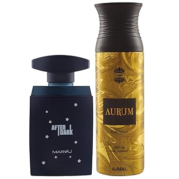 Maryaj After Dark Eau De Parfum Woody Aromatic Perfume 100ml for Men and Ajmal Aurum Femme Deodorant Fruity Floral Fragrance 200ml for Women + 2 Parfum Testers FREE