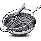 NAWESRVA 13.4” Stainless Steel Wok Pan with Lid – Honeycomb Non Stick Stir Fry Pan for Induction, Gas, Electric & Ceramic Cooktops – Tri-Ply Deep Frying Wok with Stay-Cool Handle, PFOA-Free