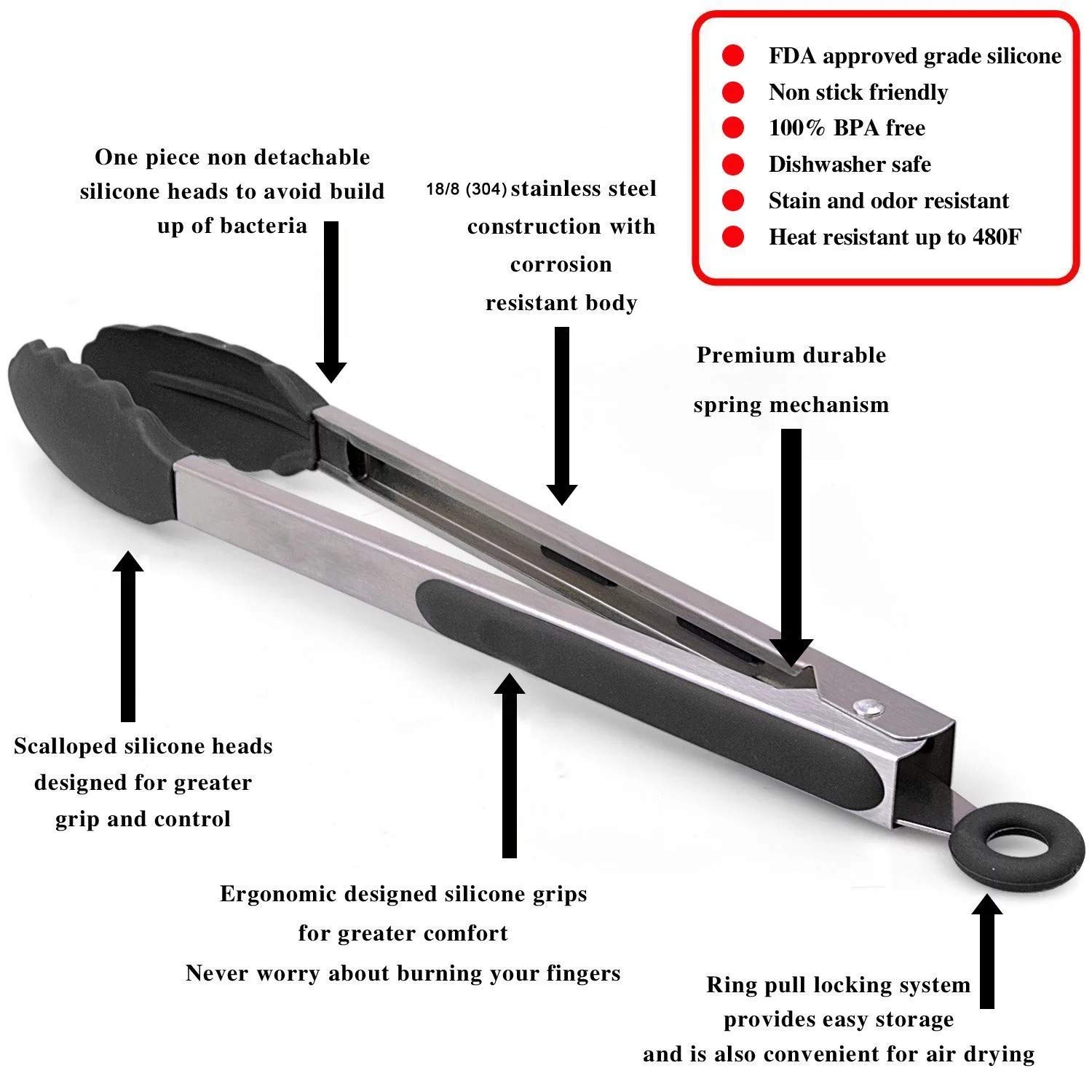 Silicone Food Tongs, Stainless Steel BBQ/Kitchen Tongs with Silicone Tips, Pack of 3-7,9,12 Inch
