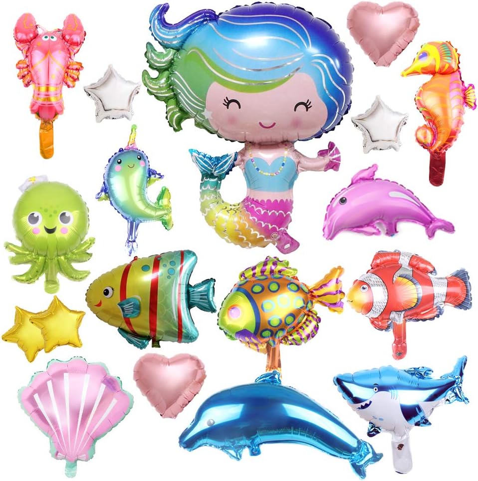 Marine Mermaid Party Balloons- Mermaid Baby Shower Birthday Party Supplies Marine Theme Sea Animals Dolphins Starfish Fish Seahorse Foil Balloons