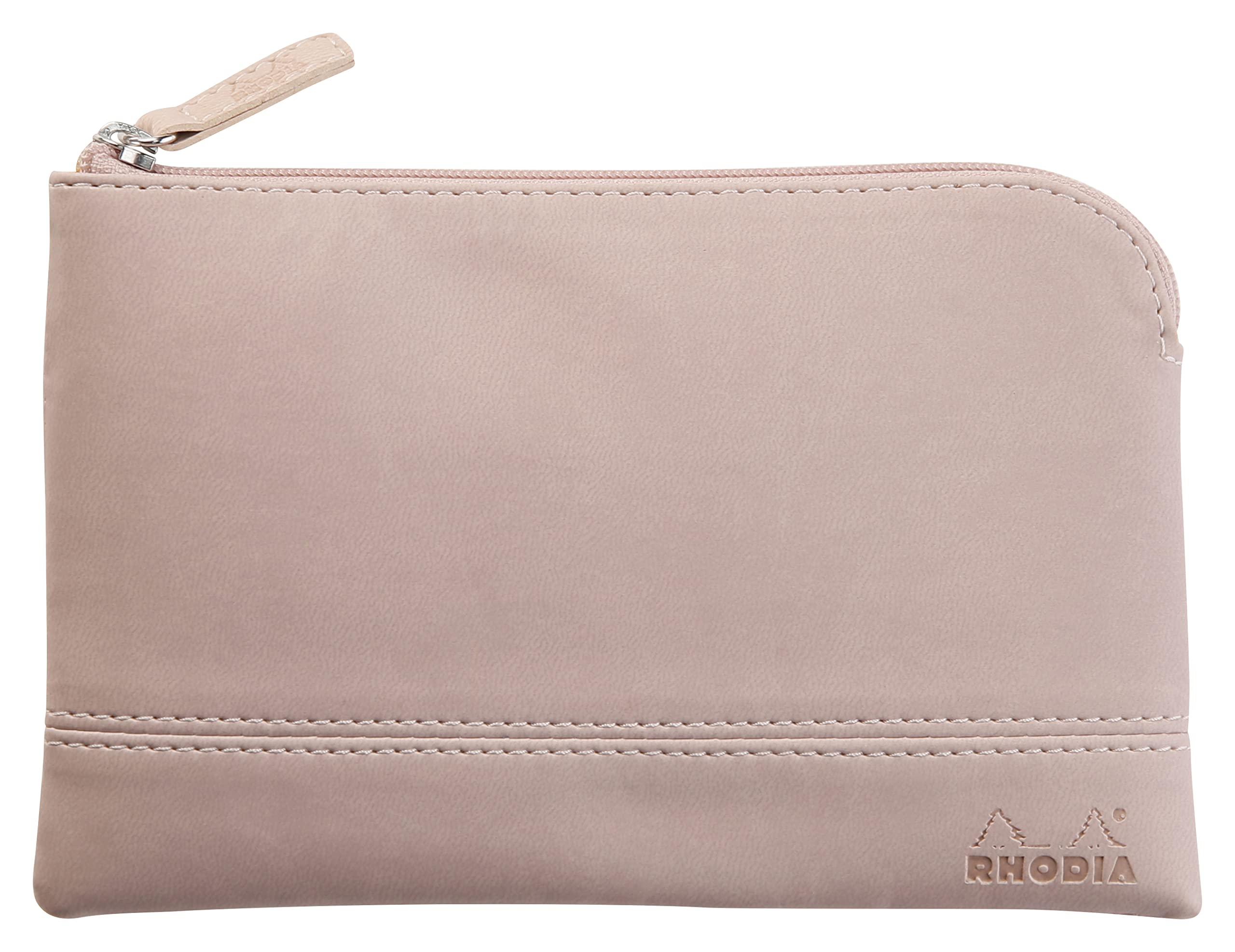 RHODIA 116530C - Faux Leather Zipped Pouch - Pink - Size S (11 x 17 cm) - Genuine Stitching - Orange Fabric Inside - Storage for Documents, Small Supplies