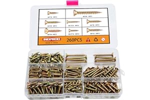 Indprod M3.5 M4 M5 Flat Head Wood Screws Assortment Kit 260 Pcs,Phillips Drive Countersunk Flat Head Self-Tapping Wood Screws,Yellow Zinc Plated Finish Screw Kit,Screws for Metal,Full Thread Screw Set