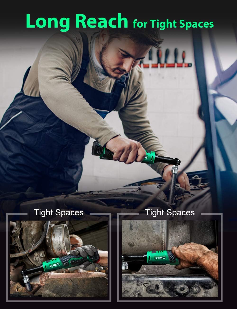 Cordless Extended Power Ratchet Wrench, 3/8" 40 Ft-lbs 400 RPM 12V Long Reach Electric Ratchet Wrench Kit w/ 60-Min Fast Charge, Variable Speed Trigger, 2-Pack 2.0Ah Lithium-Ion Batteries, 8 Sockets: Home Improvement