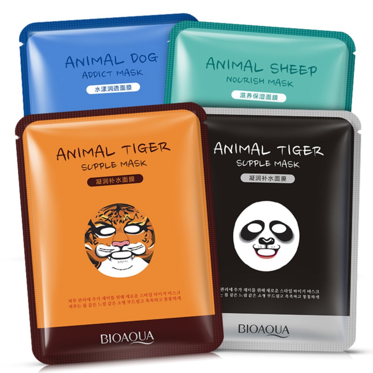 BIOAQUA Moisturizing Face Mask Sheet Enriched with Natural Serum for Radiant and Nourished Skin. At Home Spa Facial with Fun Animal Characters: Panda, Tiger, Sheep, Dog (4 Sheets Variety Pack)