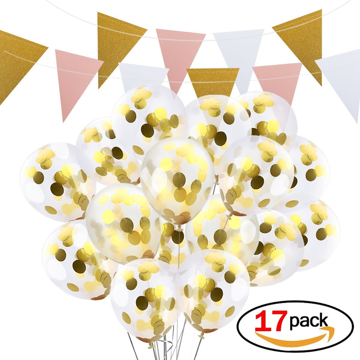 JER Gold Confetti Balloons, 16Pcs Party Decor Balloons Circle Confetti Filled with 12 inches Bonus Handmade Banner for Wedding Birthday Party Festival Decorations(16 Pcs Balloons + Pennant Garland)
