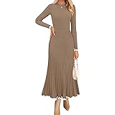 ZESICA Women's Long Sleeve Sweater Dress Fall 2026 Crewneck Ribbed Knit Pleated A-Line Maxi Wedding Guest Dresses