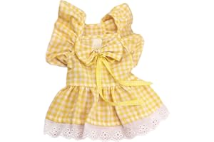 LEASOTE Pet Princess Dress - Dog Cat Sweet Dresses, Ruffle Sleeves Plaid Print Cat Princess Dress, Dog Clothes for Small Dogs Cats Puppy Pet Kitten Light Yellow S