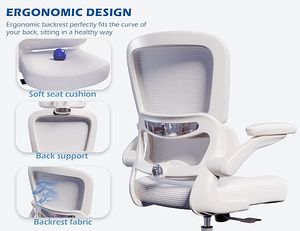 TRALT ERGONOMIC OFFICE CHAIR – DESK CHAIR WITH ADJUSTABLE LUMBAR SUPPORT COMPUTER CHAIR – MESH COMFY CHAIR WITH FLIP-UP ARMRESTS – GAMING CHAIRS FOR ADULTS HOME OFFICE (LEATHER, WHITE)