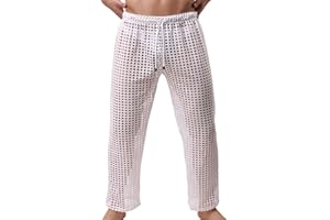 GENEMEN Mens Sexy Fishnet Pants Hollow Out Pajamas Bottom Mesh See Through Muscle Casual Pants with Drawstring (White, M)