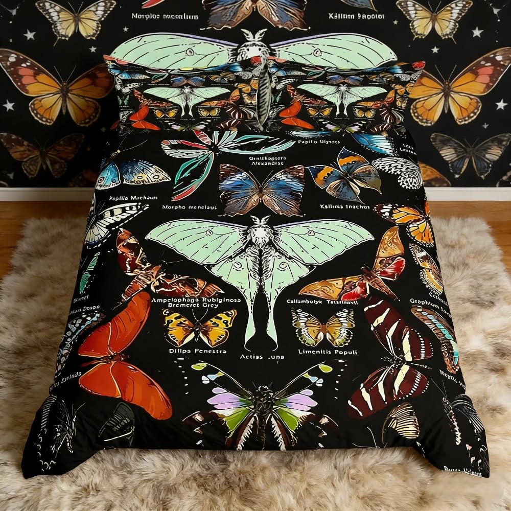 Loussiesd Moth Comforter Cover Butterflies Bedding Set 3D Animal Theme Duvet Cover for Children Kids Boys Girls Microfiber Colorful Butterfly Decor Bedspread Cover Bedclothes Single Size