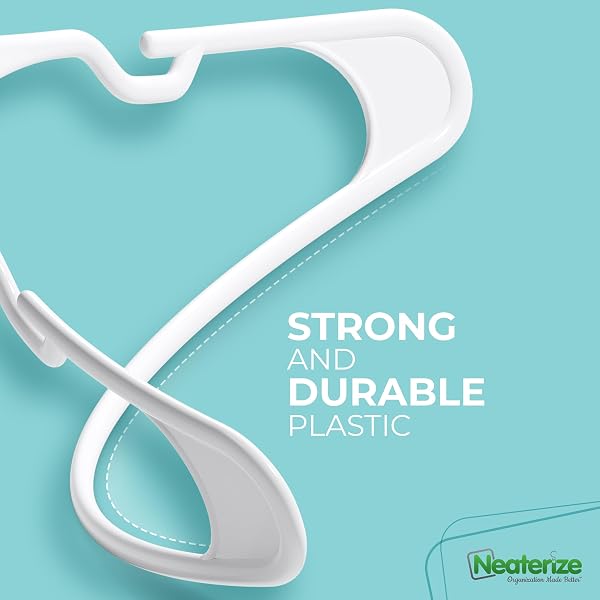 NEATERIZE CLOTHES HANGERS PLASTIC 50 PACK FOR ADULTS – PLASTIC HANGERS, THE PERFECT COAT HANGER AND SPACE SAVING CLOTHES HANGERS FOR CLOSET, PERCHEROS GANCHOS PARA COLGAR ROPA HANGARS – WHITE HANGERS