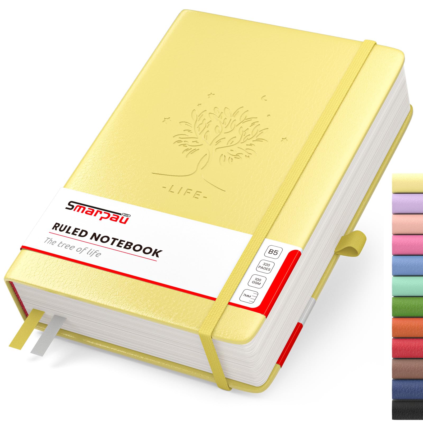 Smarpau Lined Journal Notebook B5, Large Composition Notebooks 320 Pages with Sticky Notes, 100gsm Thick Paper Hardcover Leather Journal for Women Men Work School Office Writing, 19 x 25 cm - Yellow