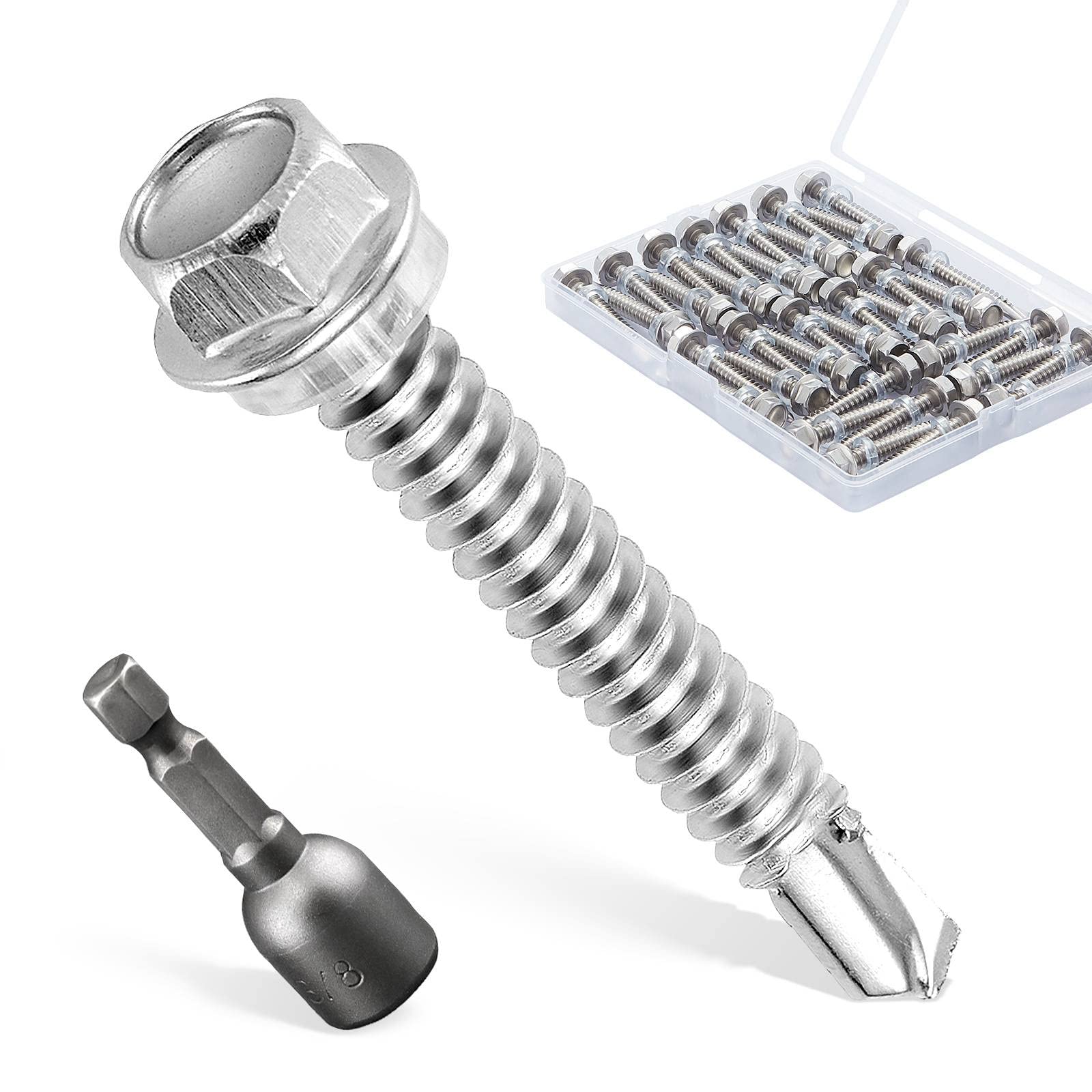 Litorange 50 PCS M6.3 * 32mm 410 Stainless Steel Self Drilling Hex Head Screws, Hex Head Self Tapping Screws for Fixing Corrugated Metal or PVC Roof Panels, Cladding, Wire Ducts