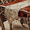 Luxury Vintage Design Table Runner 48 inches long Embroidery Jacquard Fabric with Multi-Tassels table runners for Dining Room Dresser Wedding holiday Party fireplace Decorations (Coffee, 12X48inch)