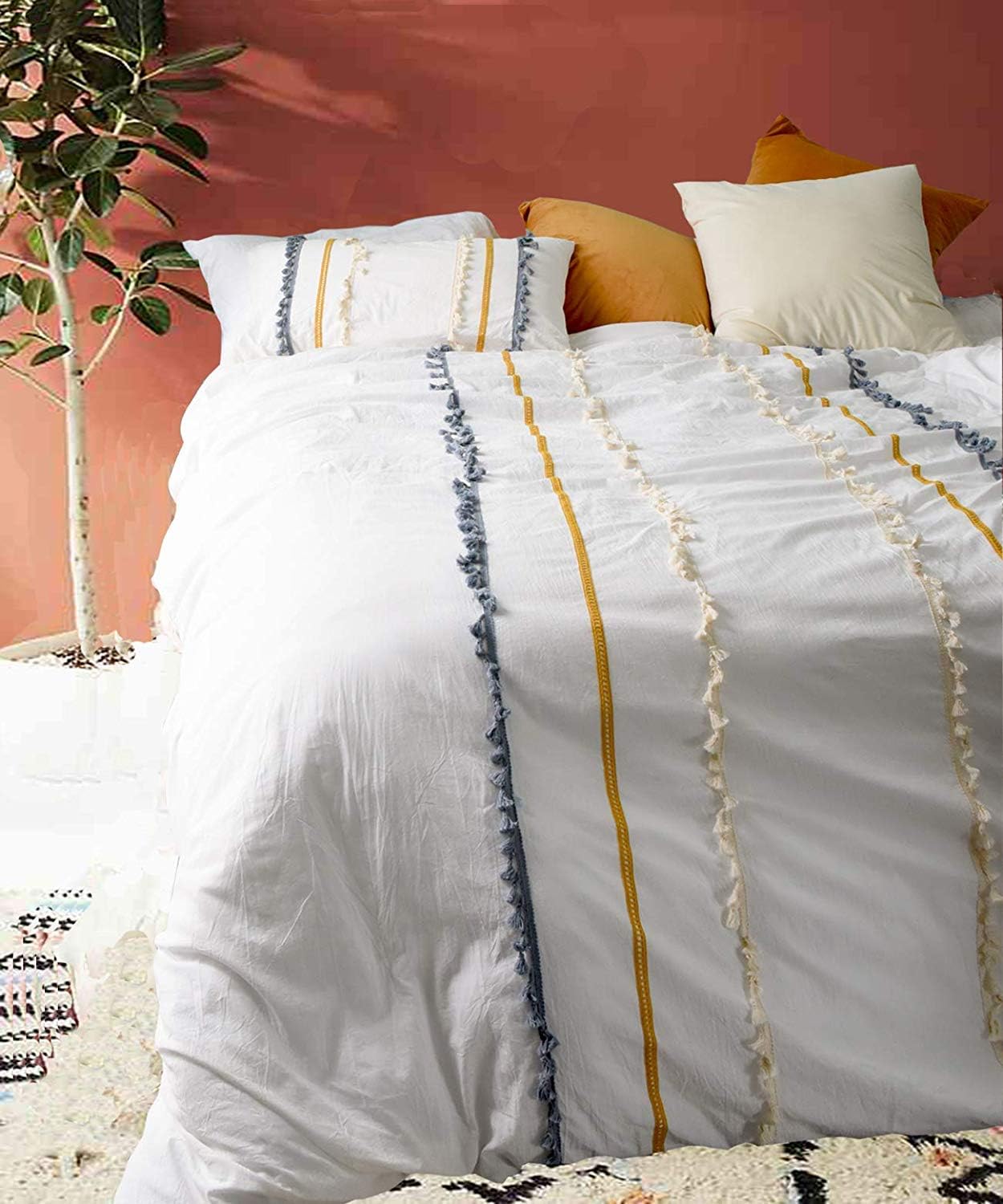 Flber Outlet Tasseled Duvet Cover King Boho Comforters Textured Bedspreads White Bedding Cover (220cm*230cm)