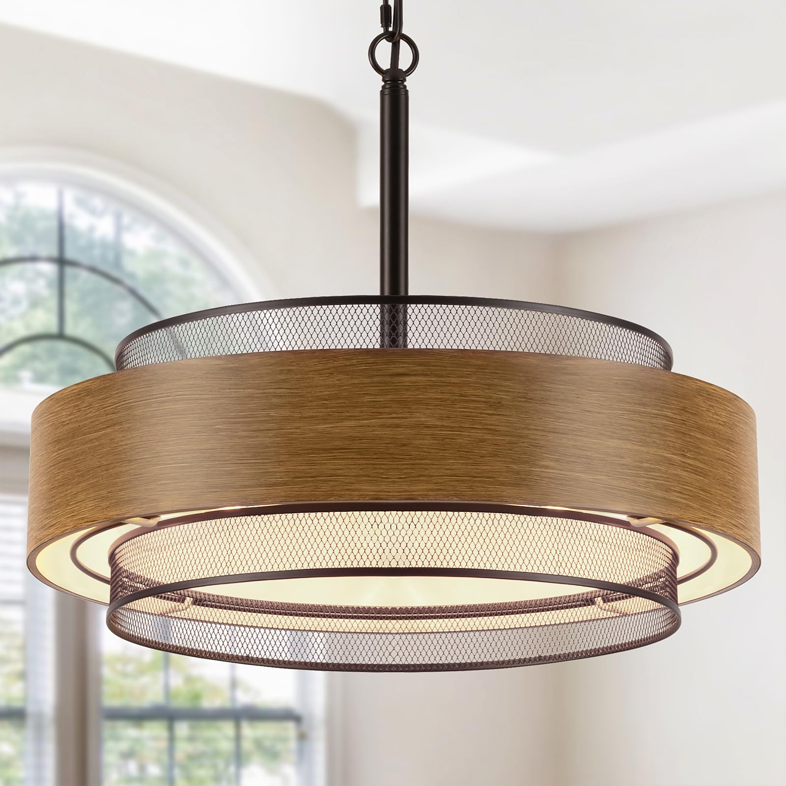 Photo 1 of 19.7 inch Farmhouse Chandeliers for Dining Room, 5-Light Rustic Large Round Black Chandelier Metal Wood Texture Interior Hanging Lighting for Entryway Kitchen Island Foyer Bedroom Living Room