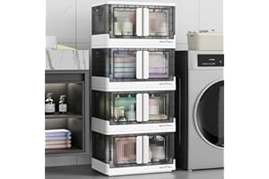 BROVIEW V6 Storage Bins with Lids, 136 QT Stackable Storage Bins with Wheels, Collapsible Storage Bins with Doors, Folding Storage Cabinets for Closet, Home Office Dorm Organizer Essential, White