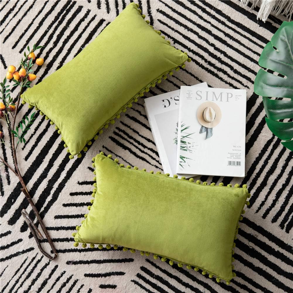 DEZENE Couch Pillow Cases 12x20 Chartreuse: 2 Pack Cozy Soft Pom-poms Velvet Rectangular Throw Pillow Covers for Farmhouse Home Decor