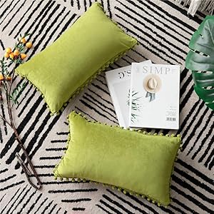 DEZENE Couch Pillow Cases 12x20 Chartreuse: 2 Pack Cozy Soft Pom-poms Velvet Rectangular Throw Pillow Covers for Farmhouse Home Decor