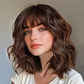 Lativ Brown Wigs with Bangs Bob Curly Wavy Highlight Hair with Dark Roots Short Wig for Women Natural Synthetic Fiber Shoulder Length for Cosplay Daily Use
