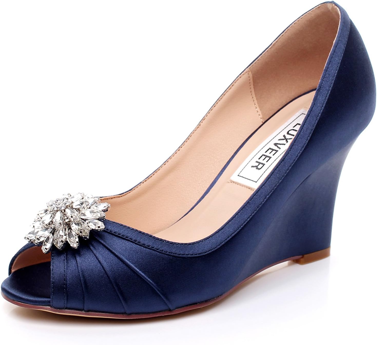 LUXVEER Ivory Wedding Wedges with Silver Rhinestone Brooch,Medium Heels 3.5 inch