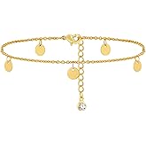 GUEMER Gold Ankle Bracelets for Women, 14K Gold Plated Anklets Adjustable Cuban Link Anklets Set Tiny Cute Summer Barefoot Jewelry Gift.