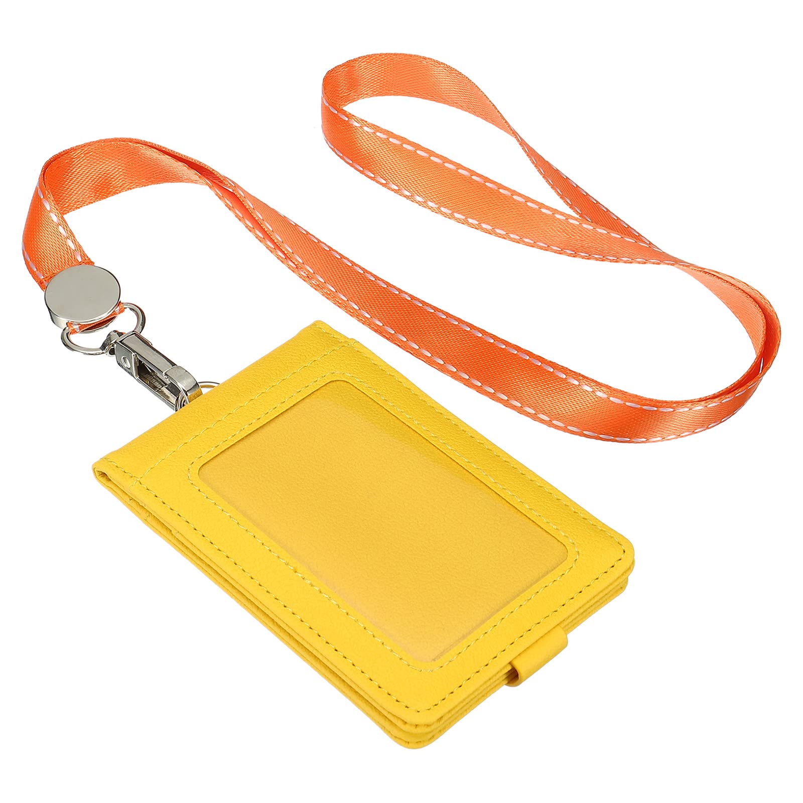 PATIKIL PU Leather ID Badge Holder with Detachable Neck Lanyard Set, Folded Credit Holder with 1 Clear Window 4 Card Slot for Offices, Yellow