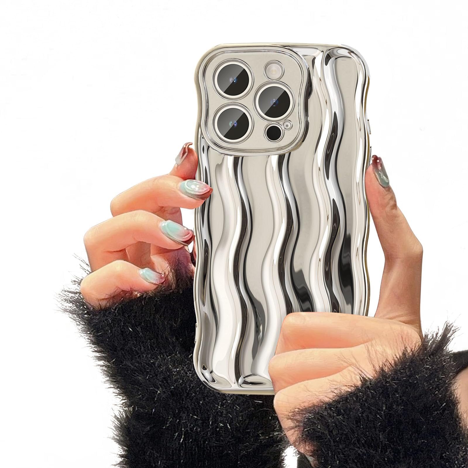 UEEBAI Water Ripple Pattern Curly Phone Case for iPhone 13 Pro Max 6.7 inch, Stylish Pretty Cute Wave Frame Soft Case 3D Protective Cover Shockproof Case for Women Girls Slim Case - Silver