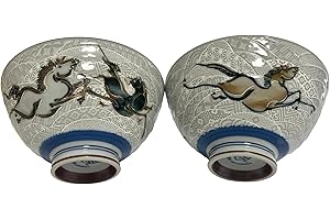 Japanese Mino Ware Ceramic Rice Bowl Set, Horses Hidariuma Pattern, 4.84 Inches Diameter x H2.56 Inches, 13.3 Fluid Ounces, S