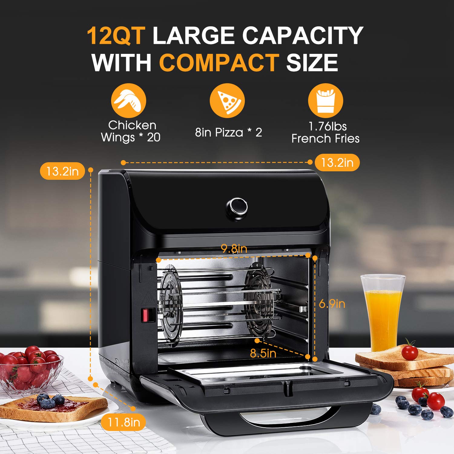 IKICH Air Fryer Oven, 12QT 1500W Electric Large Hot Air Fryer, 10+7