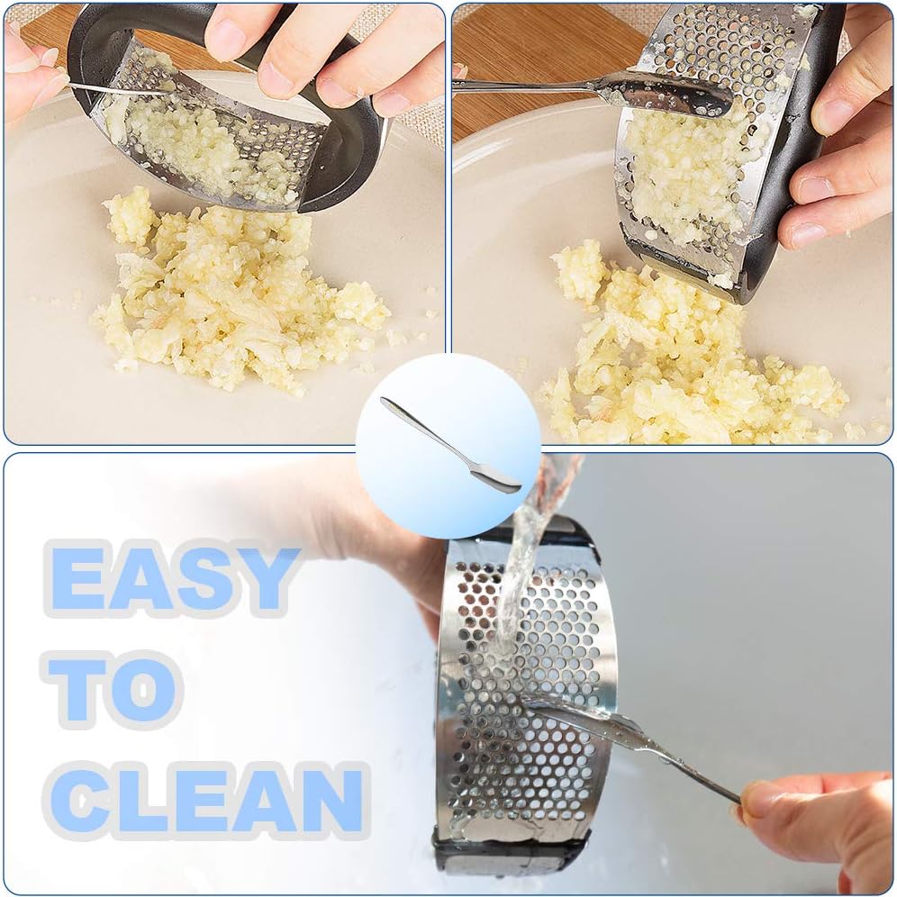 DXYD Garlic Press Rocker, New Kitchen Stainless Steel Garlic Mincer Crusher, Matching Stainless Steel Dessert Spoon and Silicone Roller Peeler and Cleaning Brush: Kitchen & Dining