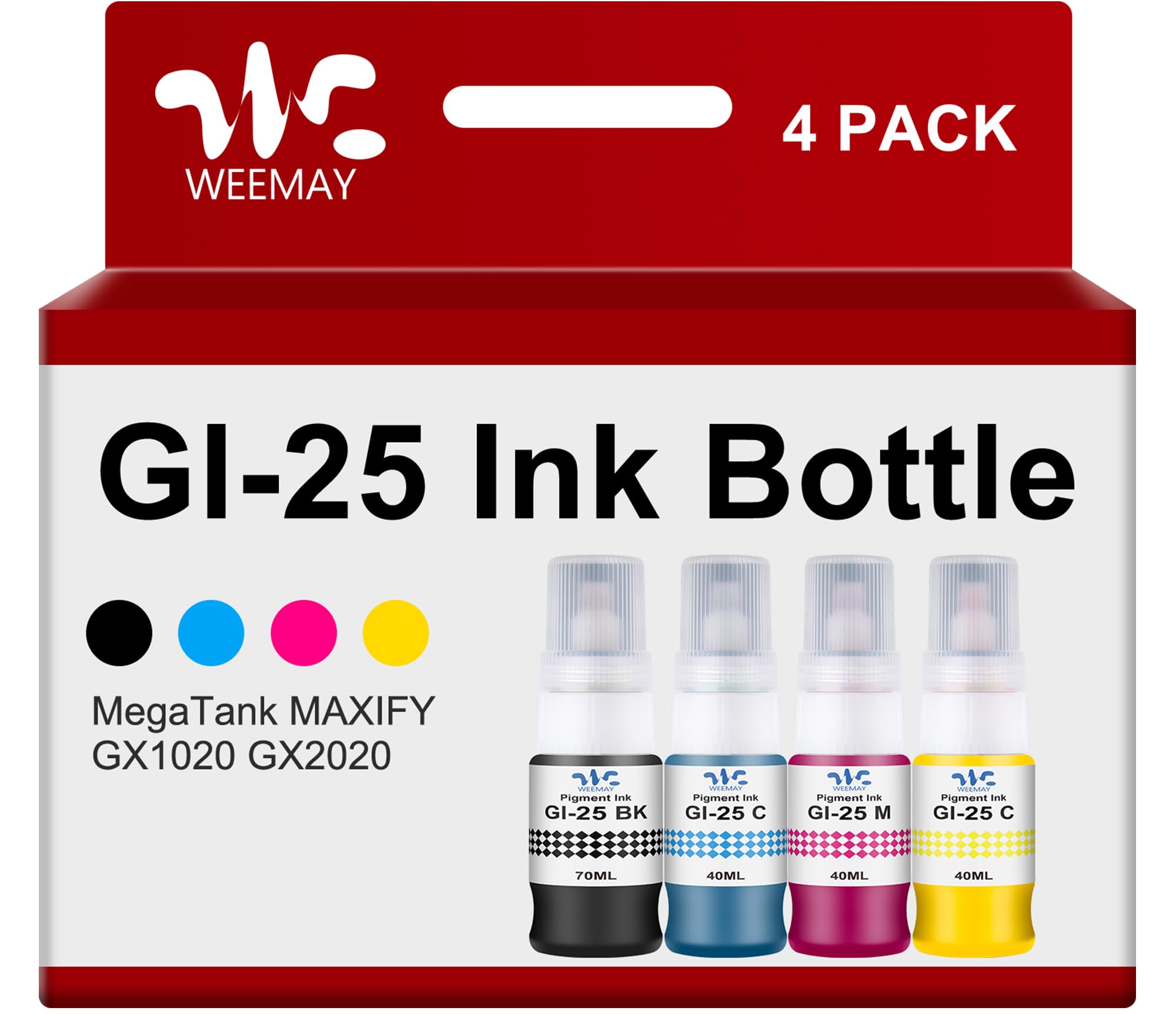 Photo 1 of Weemay Compatible Pigment GI-25 Ink Refill Bottles GI-25BK Ink Replacement for Canon 25 GI-25 GI25 Ink use with Canon GX2020 Ink Refill GX1020 MegaTank Printer (Black,Cyan,Magenta,Yellow,4-Pack,190ml)