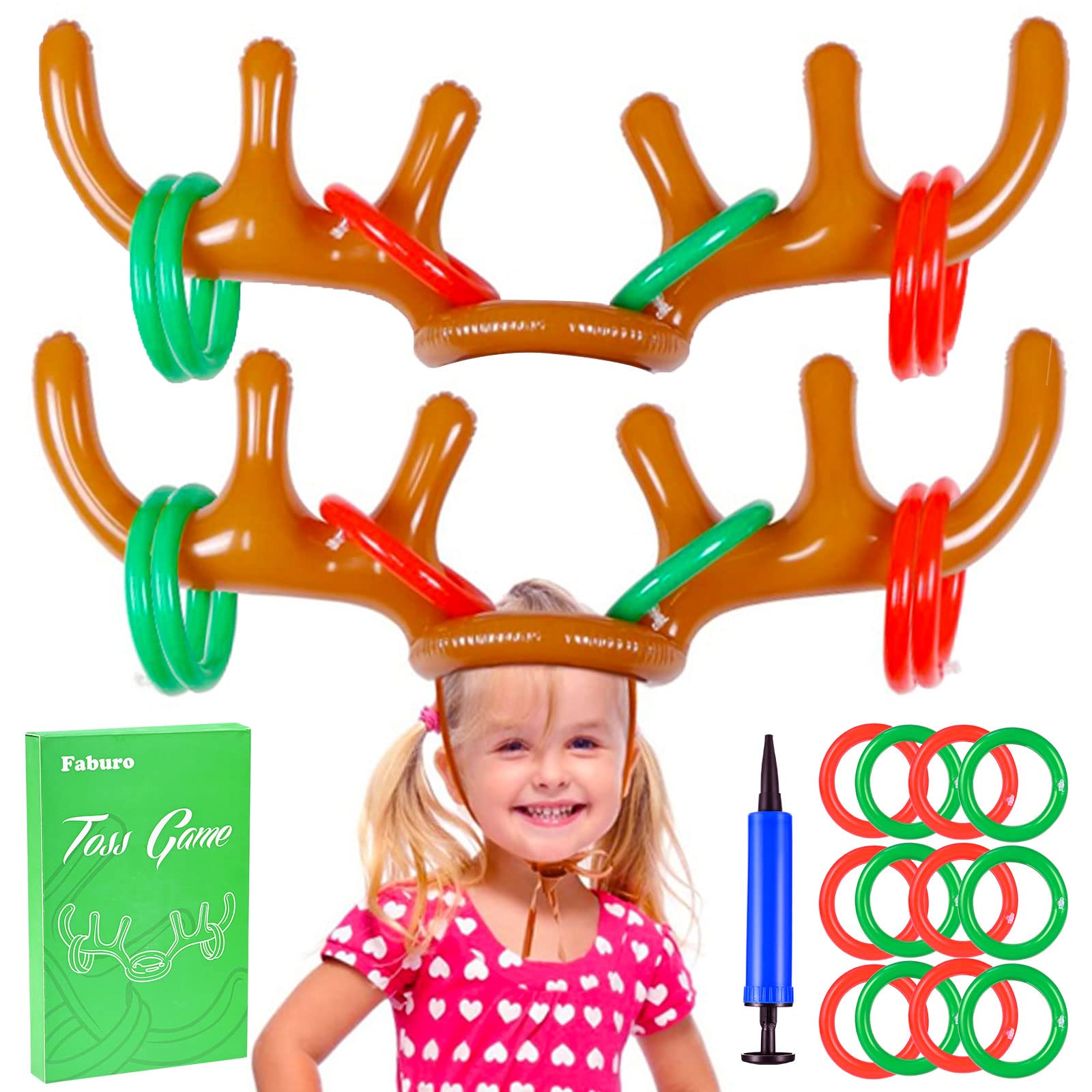 Faburo 12 PCS Christmas Party Toss Game Set Inflatable Reindeer Antler Hat, Christmas Stocking Fillers with 12 Inflatable Rings 2 Antler for Kids Adults Christmas Eve Box Fillers Family Fun Games
