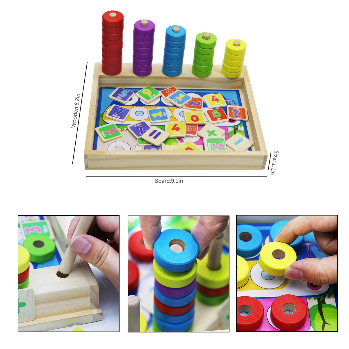 Lydaz Wooden Puzzles Counting Toys, Montessori Preschool Learning Math Toys for Toddlers, Shape Sorter Stacking Blocks Toys for 3 Year Olds and Up