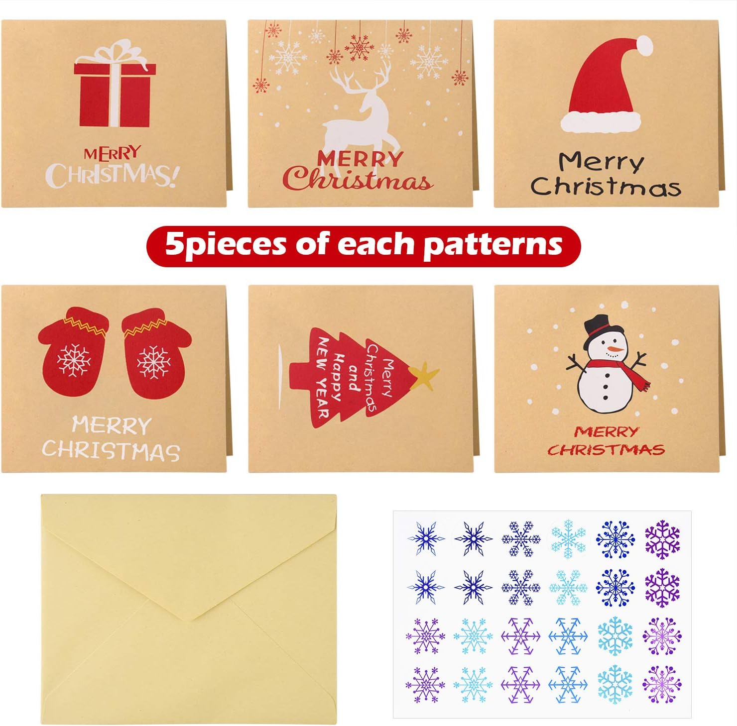 FEPITO 30Pcs Merry Christmas Greeting Cards Kraft Card Holiday Cards with Envelopes and Stickers, 4.72 x 3.95 Inches - Image 4