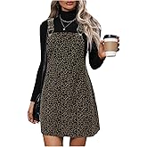 Floerns Women's Corduroy Cheetah Pinafore Dress Cheetah Bib Overall Fall Outfit Suspender Skirt