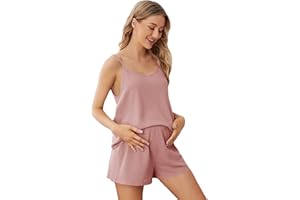 OYOANGLE Women's Maternity Pajama Set Waffle Cami Top And Shorts Set Maternity Loungewear Sets