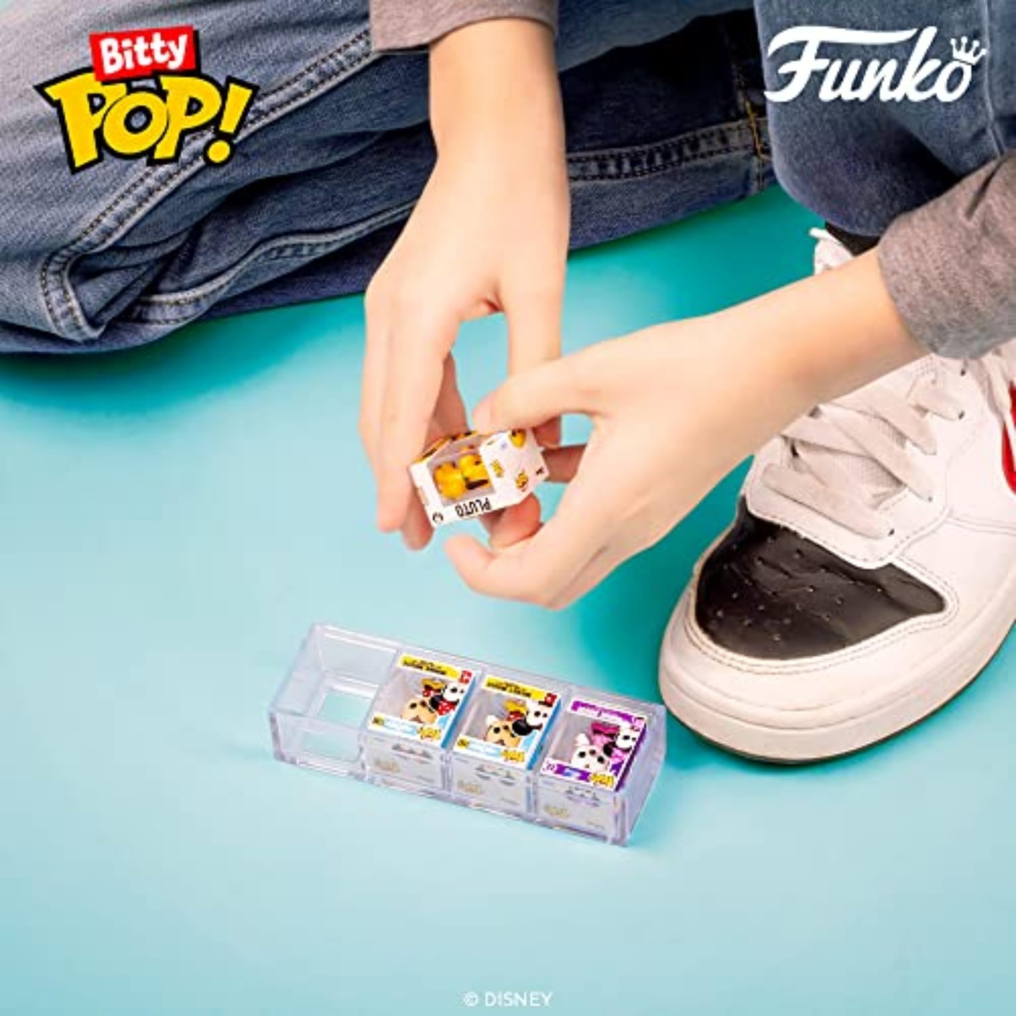 Funko Bitty POP! Disney - Mickey, 4-Pack - Mickey Mouse, Minnie Mouse (Pink Dress), Pluto and A Surprise Mystery Mini Figure - 0.9 Inch (2.2 Cm) Collectable - Stackable Display Shelf Included
