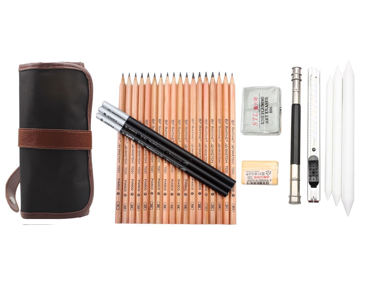 Feelily Künstler 18 Skizze Bleistifte mit Radiergummi Kohlestifte Papierstifte Bleistifthalter Schneidemesser für Anfänger Skizzierung Zeichnen Malerei, Kunst Zeichnen Stifte im  Mäppchen, Schwarz