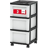 IRIS USA Plastic Drawer Storage Organizer Rolling Cart, with Wheels Casters, 3-Drawers, for Classroom Art Craft Supplies Dresser Closet Bathroom Laundry Room, Black/Pearl