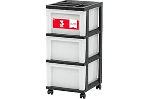 IRIS USA Plastic Drawer Storage Organizer Rolling Cart, with Wheels Casters, 3-Drawers, for Classroom Art Craft Supplies Dresser Closet Bathroom Laundry Room, Black/ Pearl