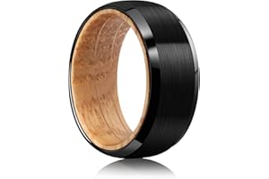 JEWPER Tungsten Rings for Men Womens 8mm Black Silver Fashion Promise Wedding Band Carbide Inner Hole Inlaid Whiskey Barrel Wood Chamfer Frosted Matte Finish Edge Comfort Fit size 7-12