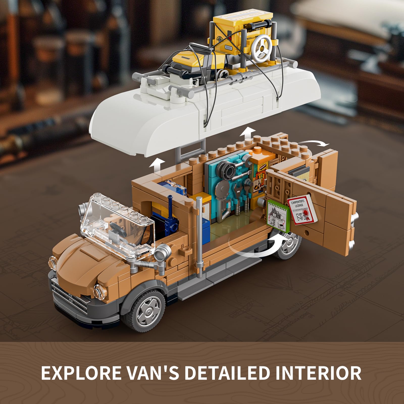 FUNWHOLE Schreinerwagen Beleuchtung Baukasten - Bauernholzarbeiter Technik Auto Sammlerstück Display Set 496 Teile für Erwachsene und Teenager 3