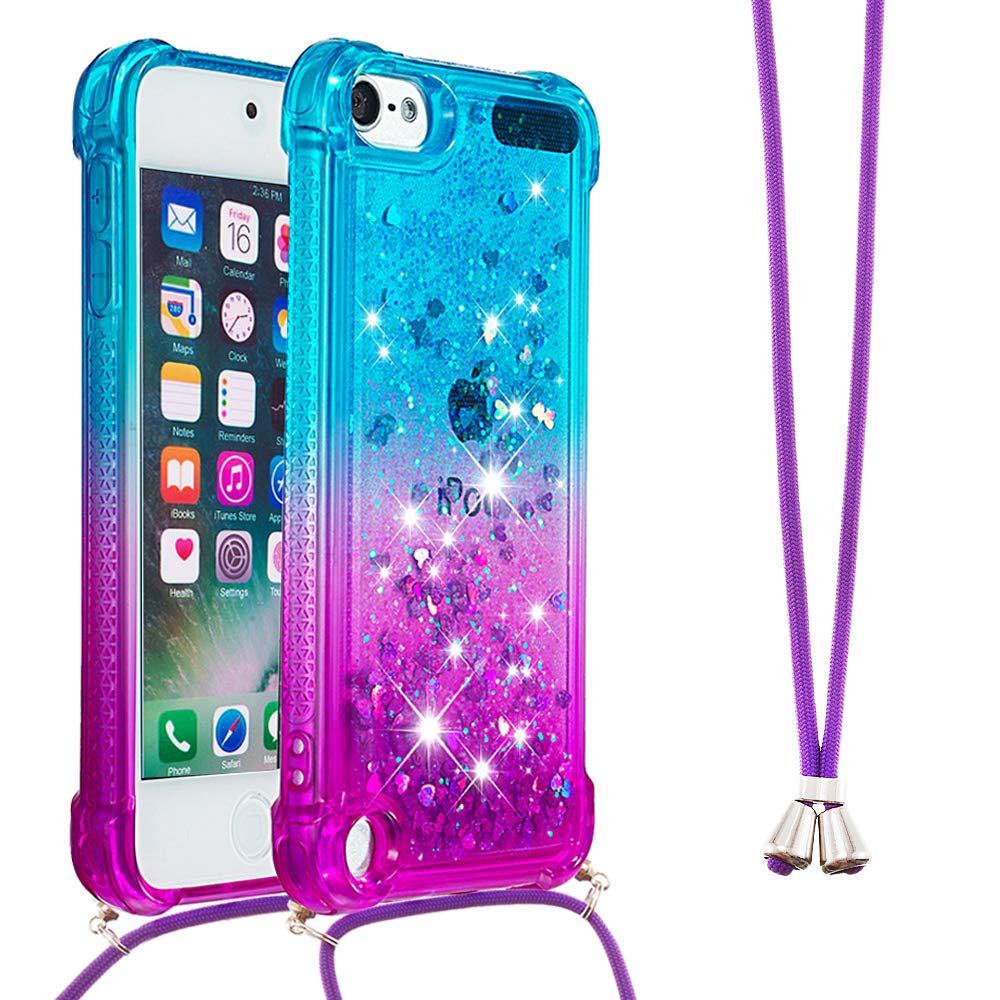 LEMAXELERS YB GS Blue Purple Case for iPod Touch 5/iPod Touch 6 Glitter Glitter Glitter Quicksands Transparent Silicone TPU Case Cover with Neck Strap for iPod Touch 5
