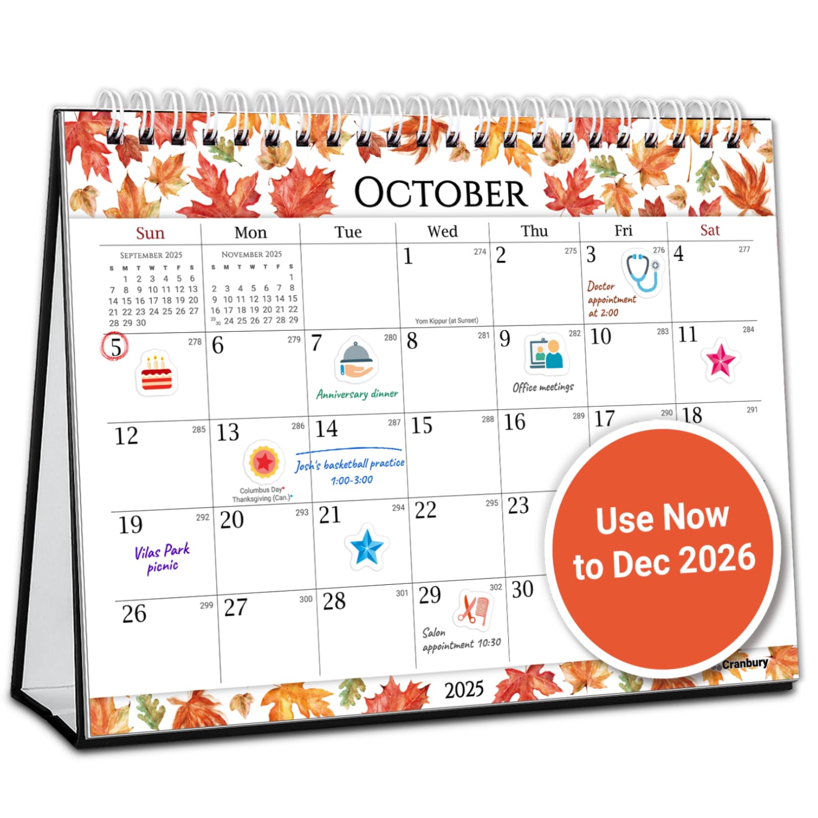 Photo 1 of CRANBURY Small Desk Calendar 2025-2026, Standing Flip 8x6", (Seasons) Use Now to Dec 2026, Compact Stand-Up Desktop Calendar with Large Squares, Notes Section, Includes 234 Stickers