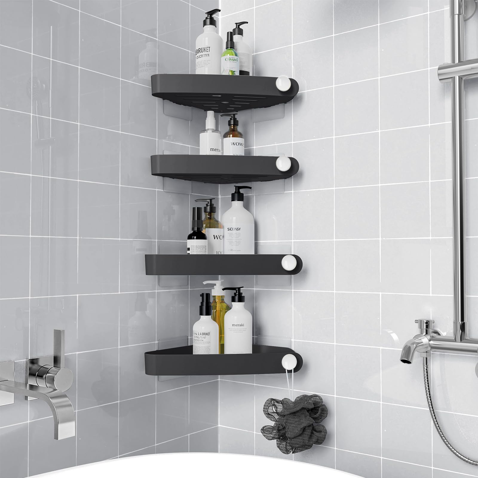 Photo 1 of Sotfamily Shower Caddy Corner, 4 Pack Adhesive Corner Shower Shelves for Bathroom Organizers and Storage, Rust Free Plastic Rack for Bathroom Accessories & Decor, Black