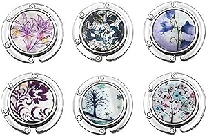 FOME Handbag Hanger, Set of 6 Foldable Purse Hook Purse Table Hook Holder Flower and Tree Pattern Bag Hanger Hook 3.54x1.77in Mixed Color