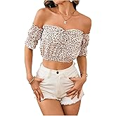 MakeMeChic Women's Ditsy Floral Blouse Off The Shoulder Short Sleeve Summer Boho Crop Tops