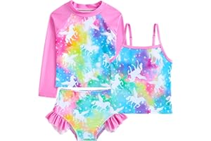 Funnycokid Girls Swimsuit 3 Pieces Long Sleeve Rash Guard Set Tankini Bathing Suits Summer Kids Swimwear 3-10 Years