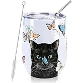 NymphFable 12oz Cat Cup Wine Tumbler With Straw And Lid Insulated Stemless Wine Glass Stainless Steel Double Wall